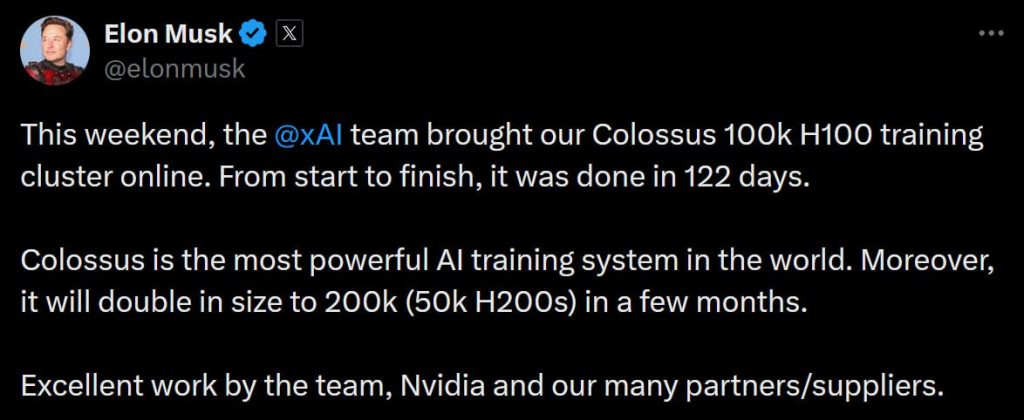 Компания XAI Илона Маска запустила Colossus - крупнейший в мире кластер для тренировки искусственного интеллекта, состоящий из 100 000 GPU NVIDIA H100, с планами по удвоению мощности в ближайшие месяцы.

